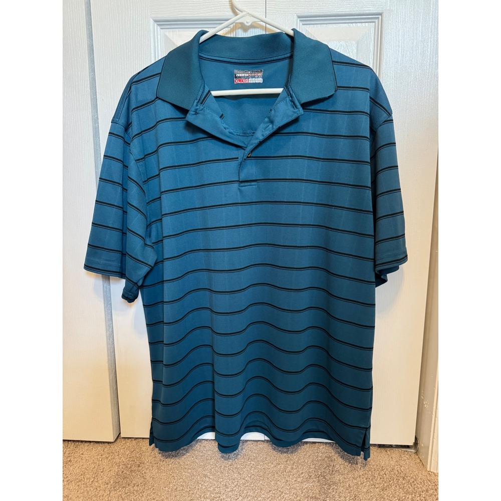 Grand Slam Mens XL Polo Shirt Teal Blue Black Striped Short Sleeve Golf Top